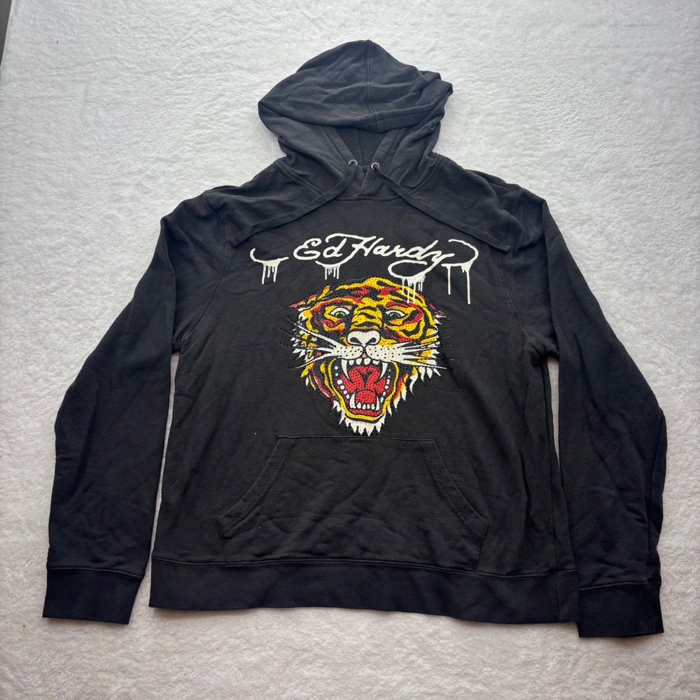 Ed Hardy Mens Black Tiger Rhinestone Hoodie Love Kills Slowly Pullover Large